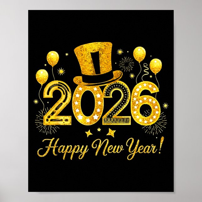 Póster Happy New Year 2026 Top Hat Balloons Party New Yea (Frente)