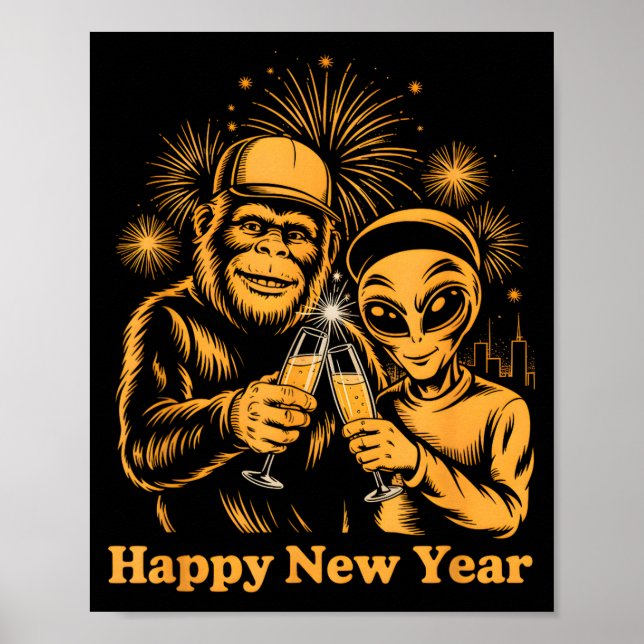 Póster Happy New Year Bigfoot And Alien Sasquatch Firewor (Frente)