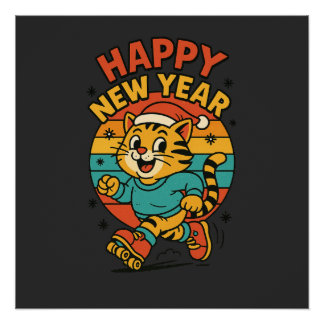 Póster Happy New Year Cat - Cute 80s Cartoon Skating  