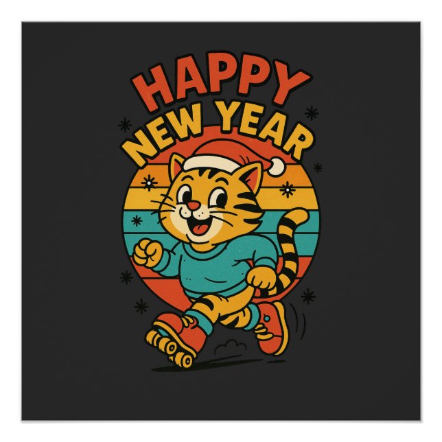 Póster Happy New Year Cat - Cute 80s Cartoon Skating   (Anverso)