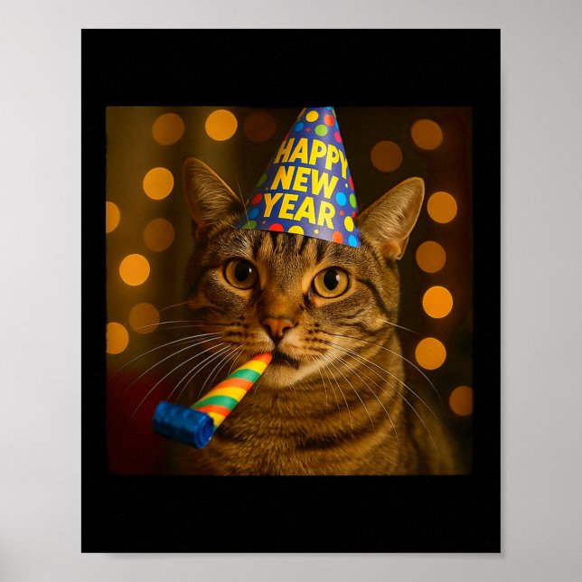 Póster Happy New Year Cat Funny Party Hat Feline Meme Cel (Frente)