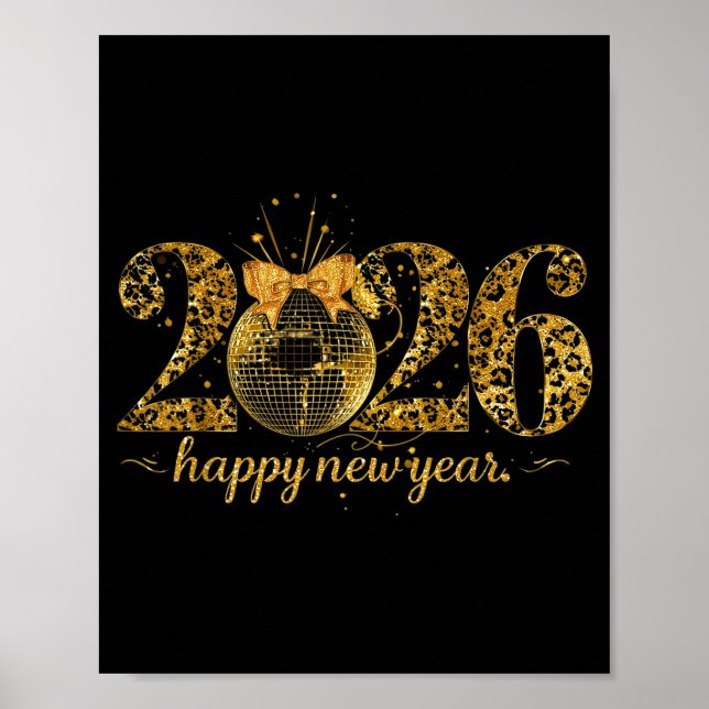 Póster Happy New Year Cute Gold Disco Ball Bow New Year's (Frente)