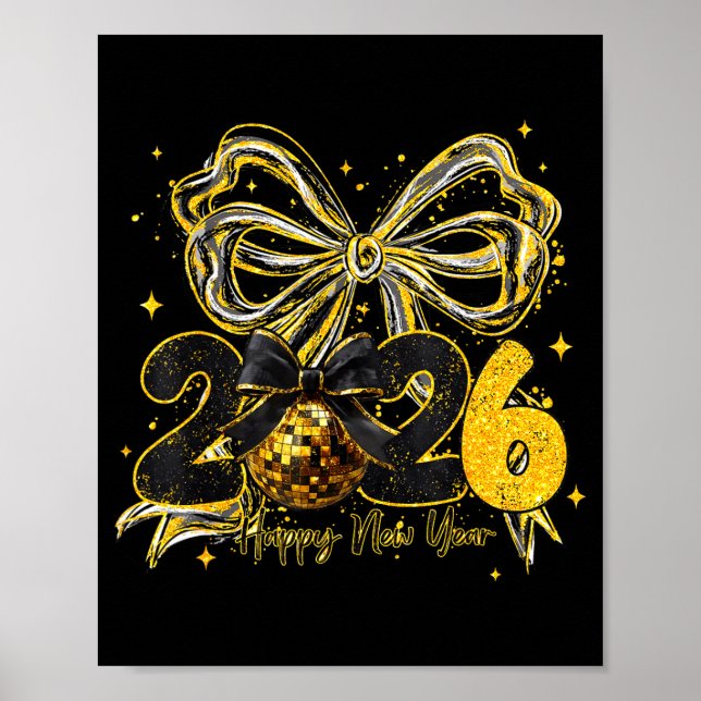 Póster Happy New Year Cute Gold Disco Ball Bow New Year's (Frente)