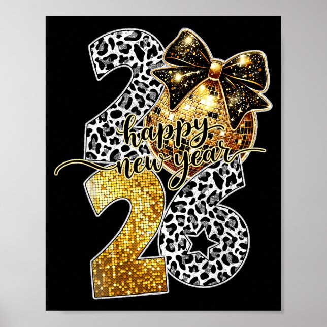 Póster Happy New Year Cute Gold Disco Ball Bow New Year's (Frente)