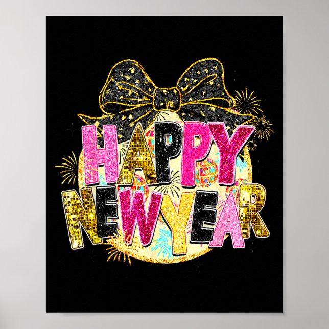 Póster Happy New Year Disco Ball Coquette Bow New Years E (Frente)