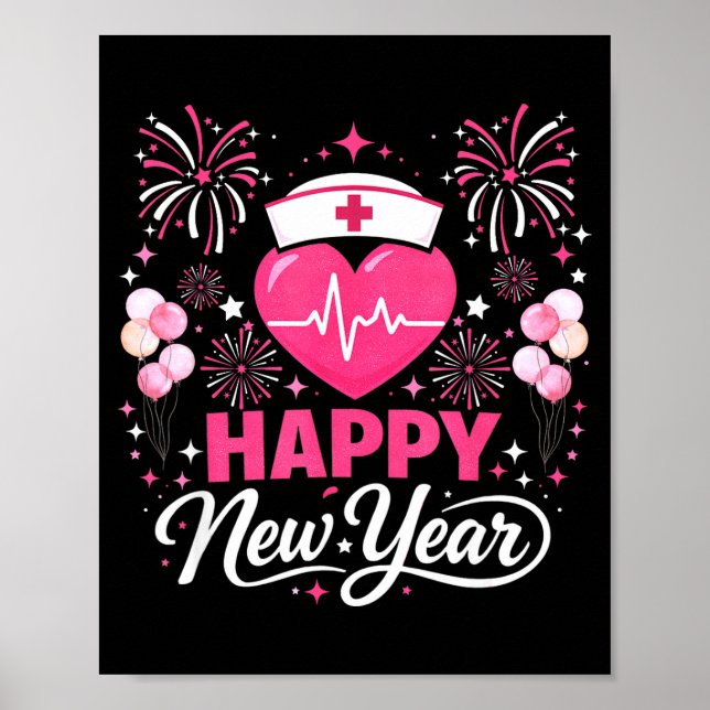 Póster Happy New Year Nurse Crew Heartbeat Medical Celebr (Frente)