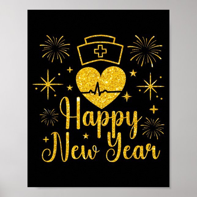Póster Happy New Year Nurses Heartbeat Fireworks New Year (Frente)