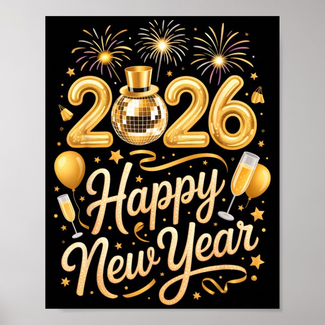 Póster Happy New Year Party 2026 Funny Balloon Family Mat (Frente)