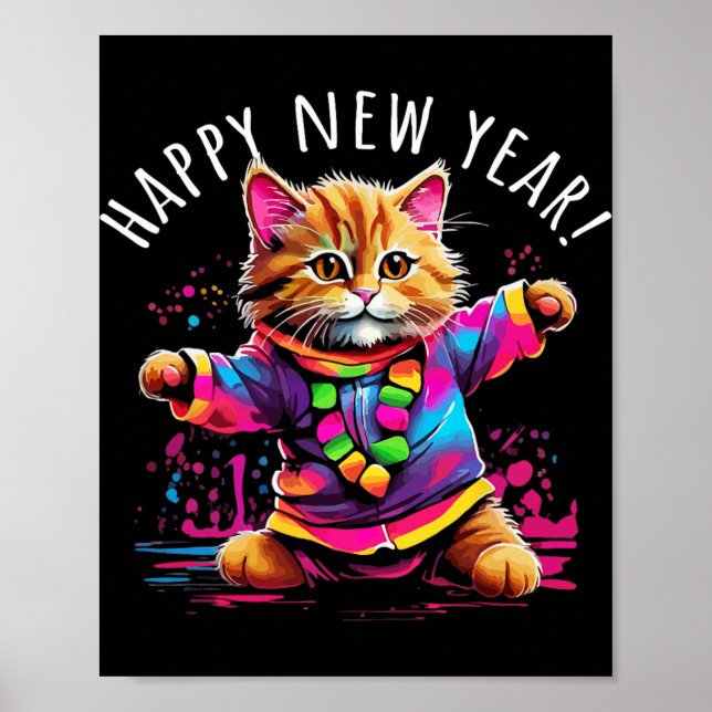 Póster Happy New Year Party Dancing Cat Design  (Frente)
