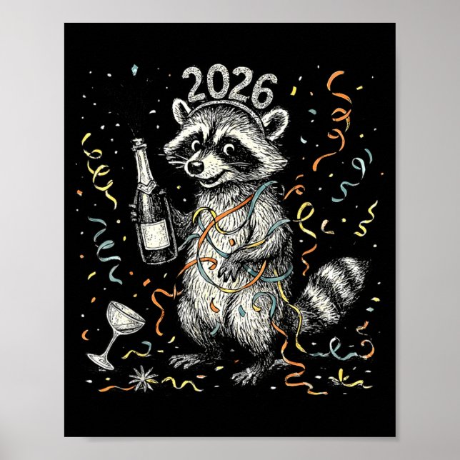 Póster Happy New Year Raccoon With Champagne Funny New Ye (Frente)