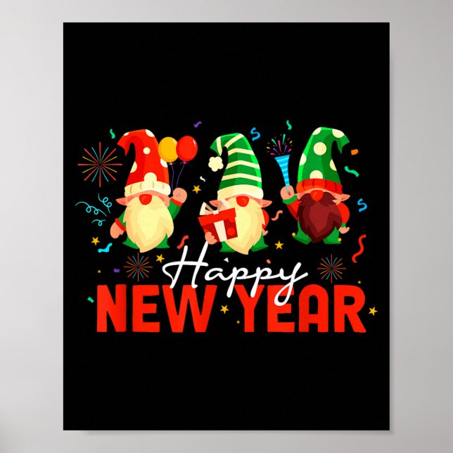 Póster Happy New Year Three Gnomes Fireworks Confetti Nye (Frente)
