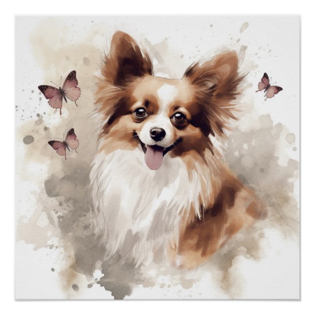 Póster Happy Papillon Dog Watercolor (Anverso)