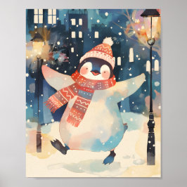 Póster Happy Penguin – Winter Watercolor Nursery Wall Art