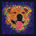Póster Happy Pit Bull Pop Art<br><div class="desc">Arte pop colorido La cara de Happy Pit Bull, un poco descarada con un guiño, sobre un fondo de pinceles de capas moradas y azules. Disponible en una variedad de productos en mi tienda Zazzle, zazzle.com/DoggyStyleStudio. ¡Pedidos personalizados disponibles! Si quieres un retrato personalizado de tu perro, por favor envíame un...</div>