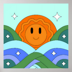 Póster Happy Retro Sun Over Rolling Hills