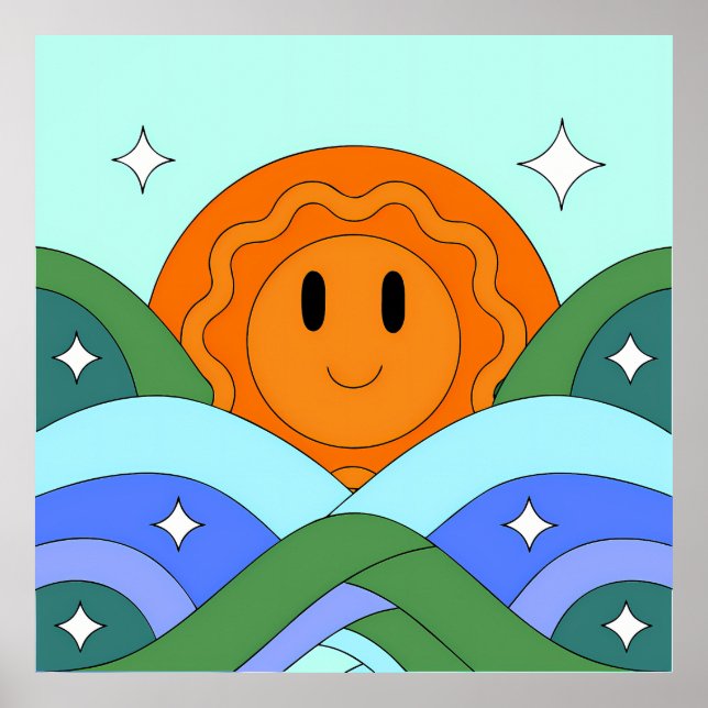 Póster Happy Retro Sun Over Rolling Hills (Frente)