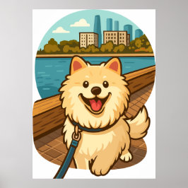 Póster Happy Samoyed Walk by the City Waterfront