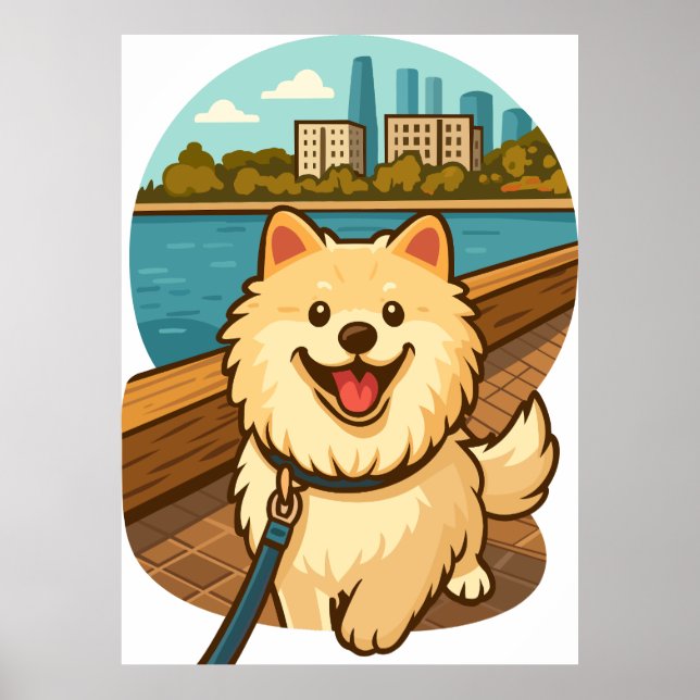 Póster Happy Samoyed Walk by the City Waterfront (Frente)