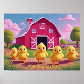 Póster Happy Spring Chicks in Barnyard
