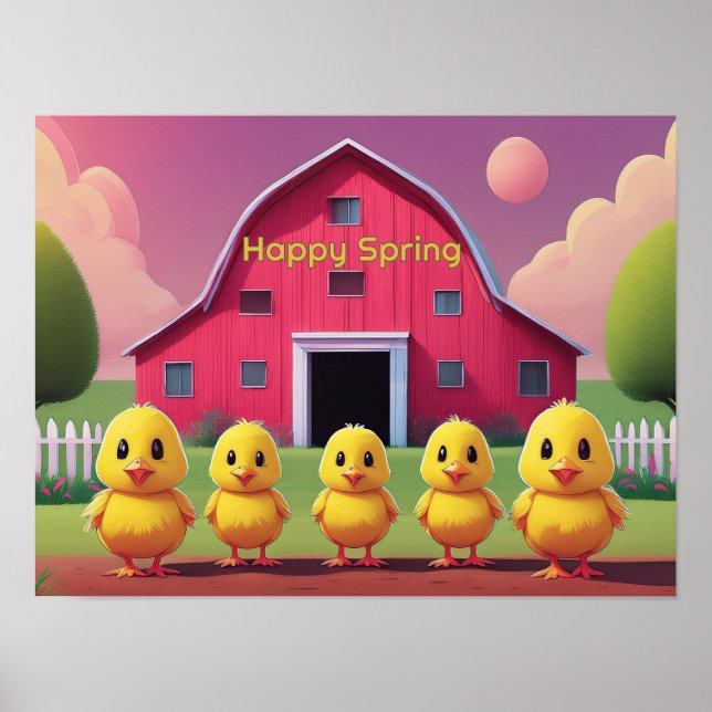 Póster Happy Spring Chicks in Barnyard (Frente)