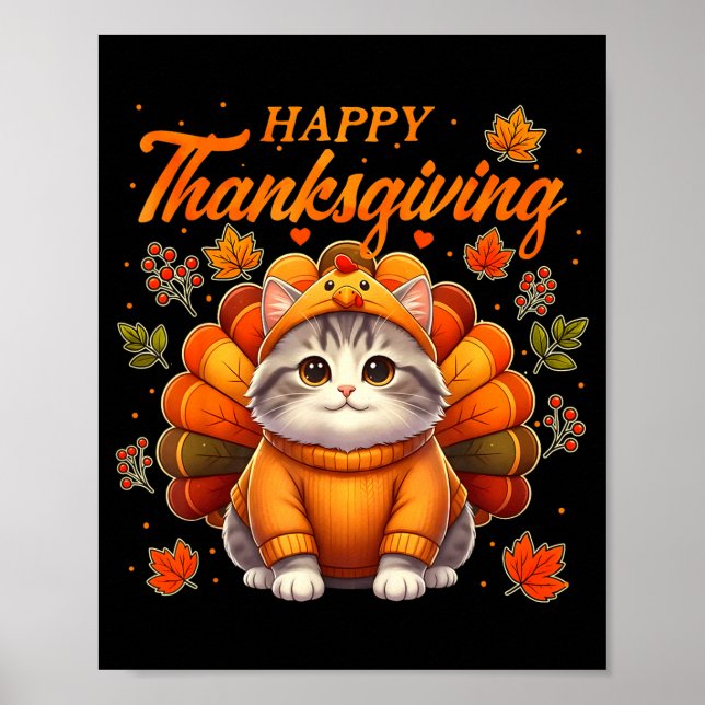 Póster Happy Thanksgiving Cat Turkey Day Autumn Fall Men  (Frente)