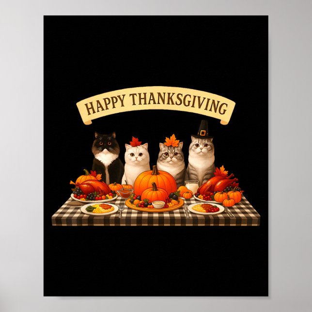 Póster Happy Thanksgiving Cats Dinner Feast Fall Men Wome (Frente)