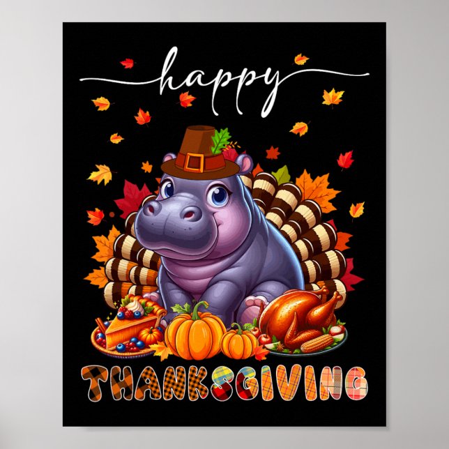 Póster Happy Thanksgiving Hippo Costume Turkey Fall Leave (Frente)
