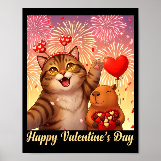 Póster Happy Valentines 2026 Cute Cat Capybara Party Art  (Frente)