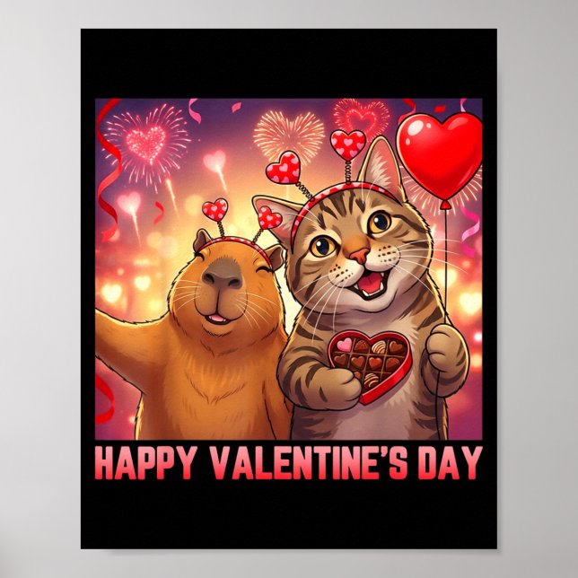 Póster Happy Valentines 2026 Cute Cat Capybara Party Art  (Frente)