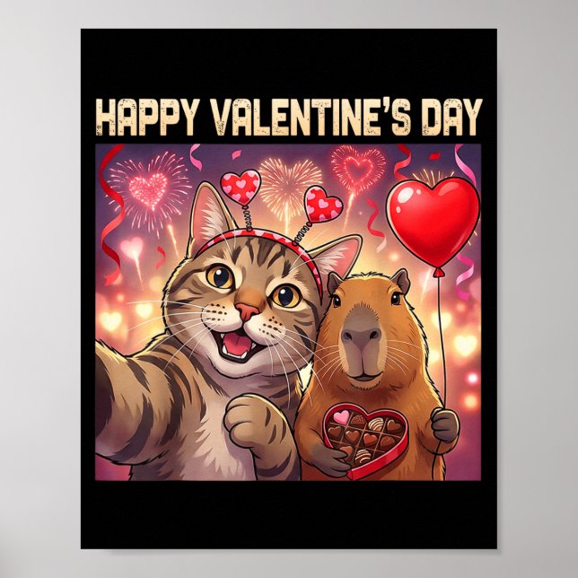 Póster Happy Valentines 2026 Cute Cat Capybara Party Art  (Frente)