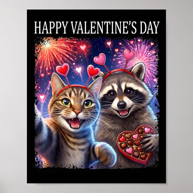 Póster Happy Valentines 2026 Cute Cat Raccoon Party Art  (Frente)