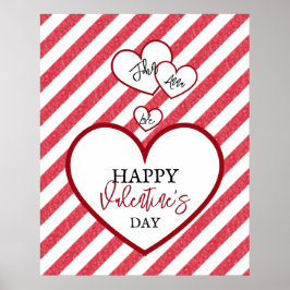 Póster Happy Valentine's Day Red Hearts Chalk Stripes