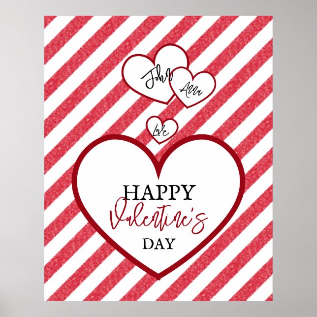 Póster Happy Valentine's Day Red Hearts Chalk Stripes (Frente)