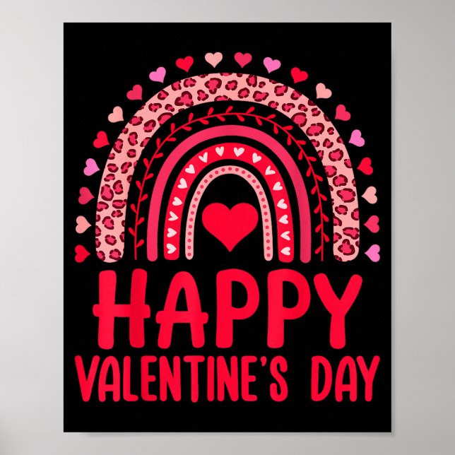 Póster Happy Valentines Day Red Hearts Rainbow Leopard Wo (Frente)
