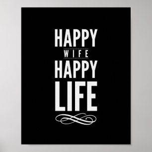 Póster Happy Wife Happy Life Quote Print Black and White
