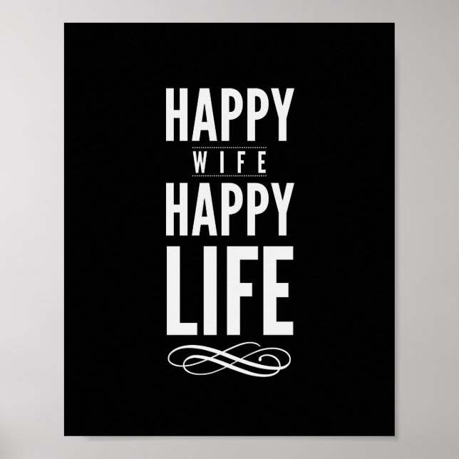 Póster Happy Wife Happy Life Quote Print Black and White (Frente)