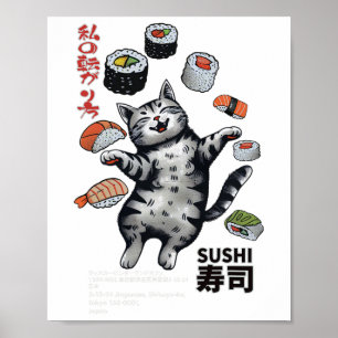 Póster Harajuku gato japonés de sushi estilo anime