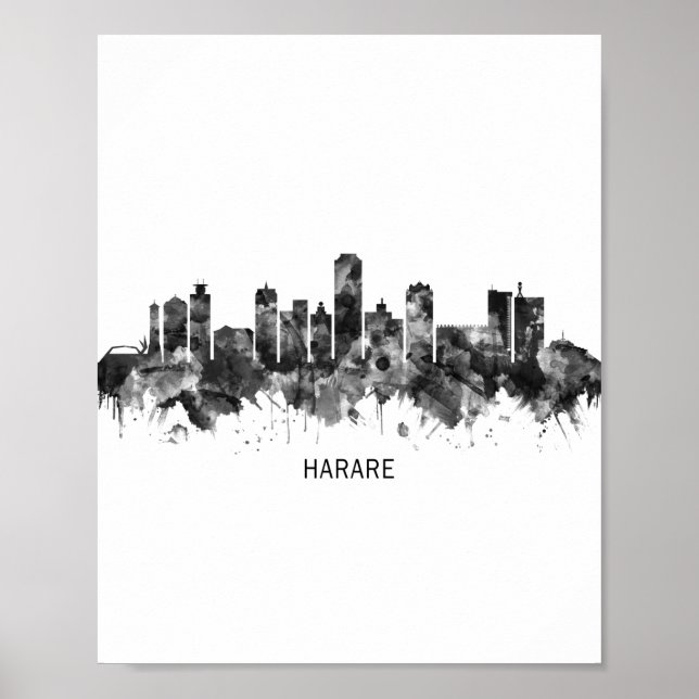 Póster Harare Zimbabwe Skyline BW (Frente)