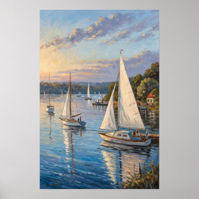 Póster  Harbor Sailboats Sunset Print | Marina Golden. (Frente)
