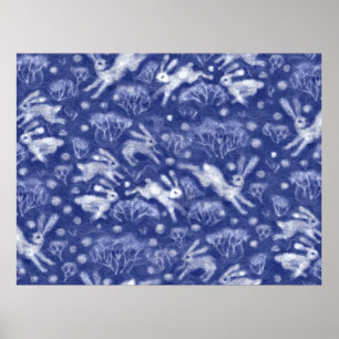 Póster Hares Campo de Nieve Conejos Blancos Azul Animal d