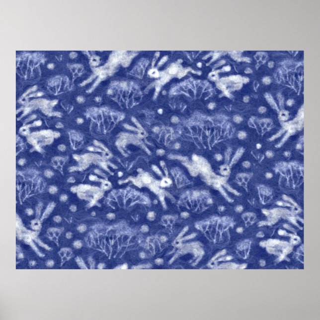 Póster Hares Campo de Nieve Conejos Blancos Azul Animal d (Frente)