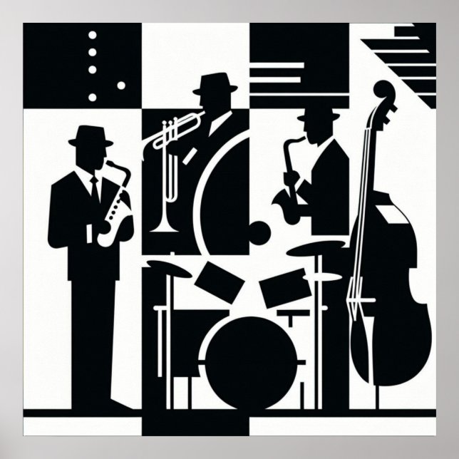 Póster Harlem Renaissance Jazz Trio negro y blanco (Frente)