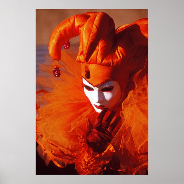 Póster Harlequin en Naranja en el Carnaval de Venecia (Frente)