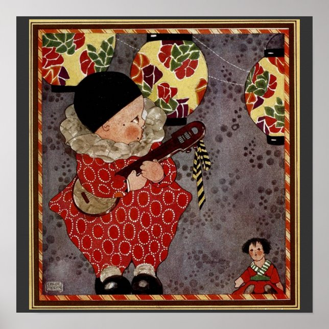 Póster Harlequin infantil vintage, músico tocando banjo (Frente)