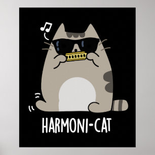 Póster Harmoni-cat Funny Harmonica Cat Pun Dark BG