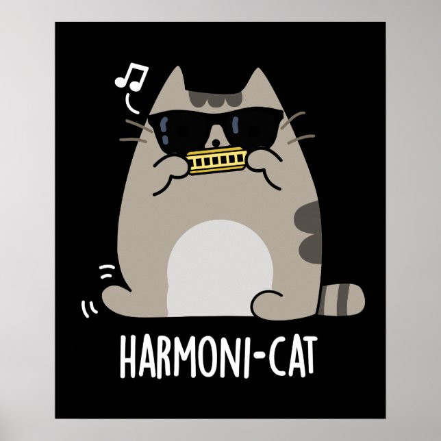 Póster Harmoni-cat Funny Harmonica Cat Pun Dark BG (Frente)