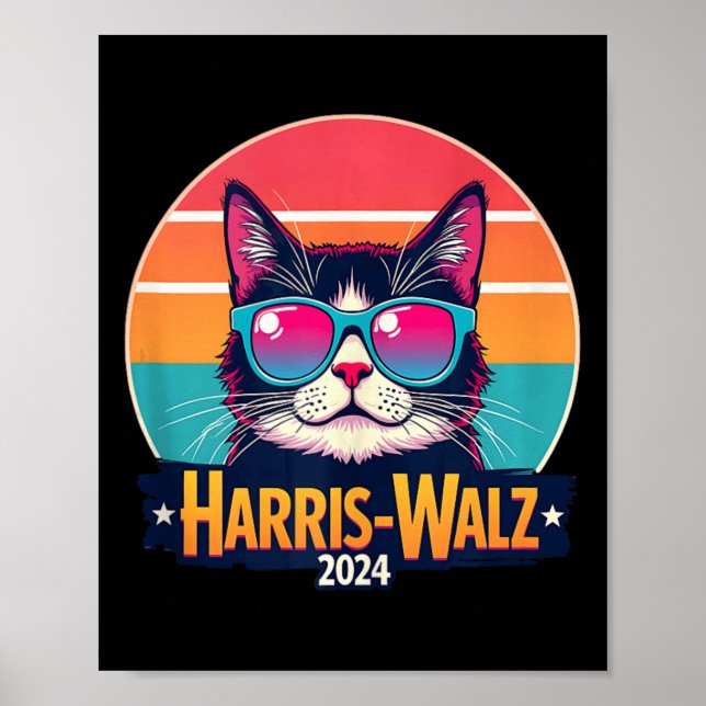 Póster Harris Walz 2024 Cat Sungafas Retro Vintage (Frente)