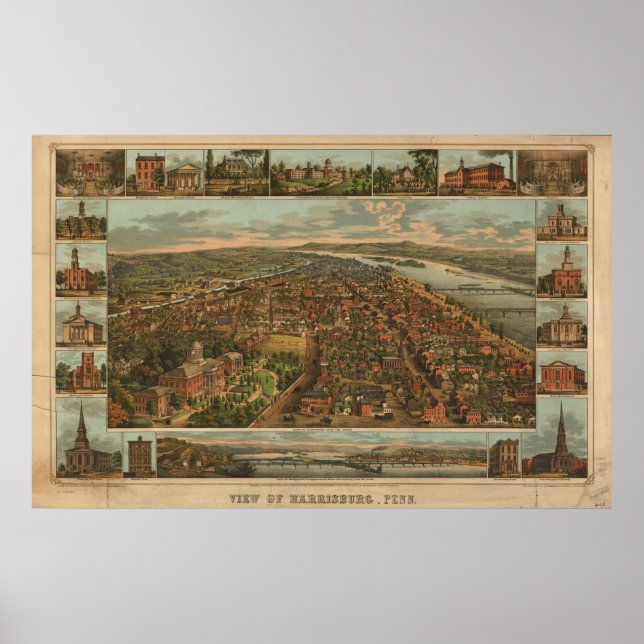 Póster Harrisburg 1855, Mapa Panorámico de Vista de Ojos  (Frente)