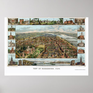 Póster Harrisburg, mapa panorámico de la AP - 1855