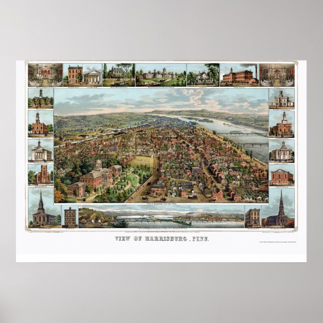 Póster Harrisburg, mapa panorámico de la AP - 1855 (Frente)